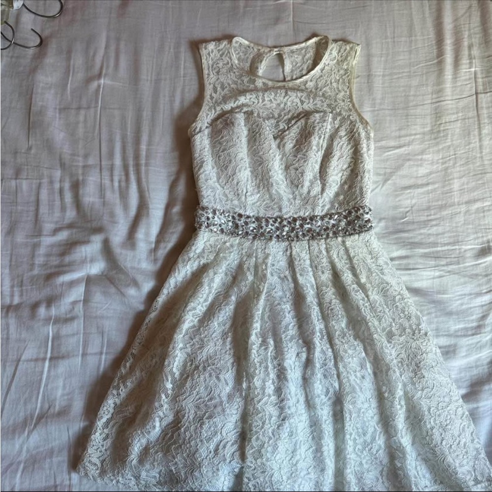 White Lace Dress with Beaded Waist